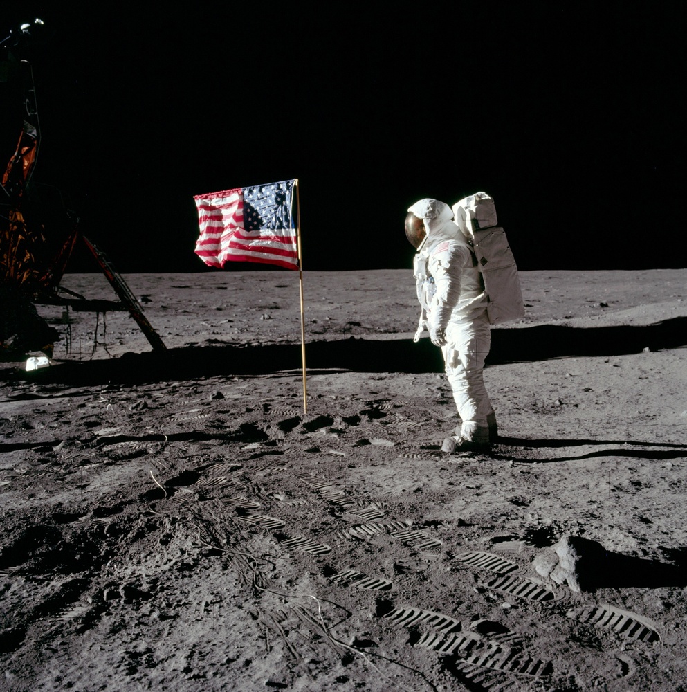 Buzz Aldrin Stands Next To The Motionless US Flag | 1969